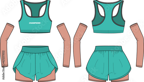 Women two piece Running set with Sports bra top, Shorts with compression tights and arm sleeve hand cover design flat sketch fashion Illustration suitable for girls and Ladies for yoga and gym
