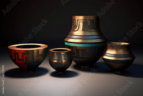 An image featuring abstract representations of Shang bronze ritual vessels, with bold shapes and metallic tones. Generative AI technology. photo