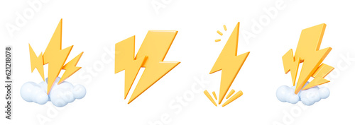 3D Thunder bolt set icon. Flash lightning. Shopping sale and fast promotion. Lightning strike emoji. Power and energy. Cartoon creative design elements isolated on white background. 3D Rendering