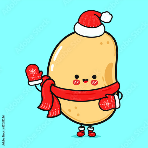 Smiling happy soy Bean and christmas. Vector flat cartoon character illustration icon design. Isolated on blue background