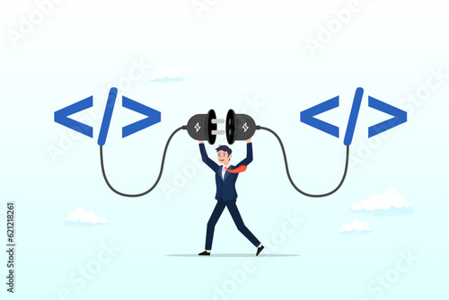 Programmer connect socket between coding program, API, application programming interface to connect between software, coding to exchange information for website or software development (Vector)