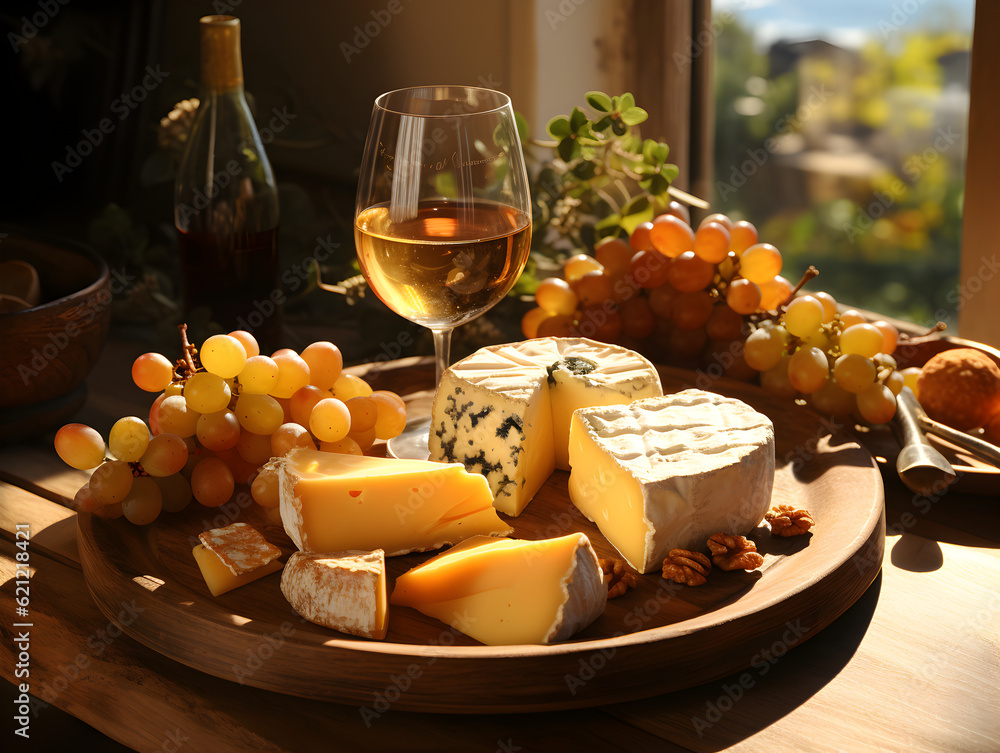 Φωτογραφία Cheese board with different cheeses, next to it is a bottle of wine with a glass on the table near the window
