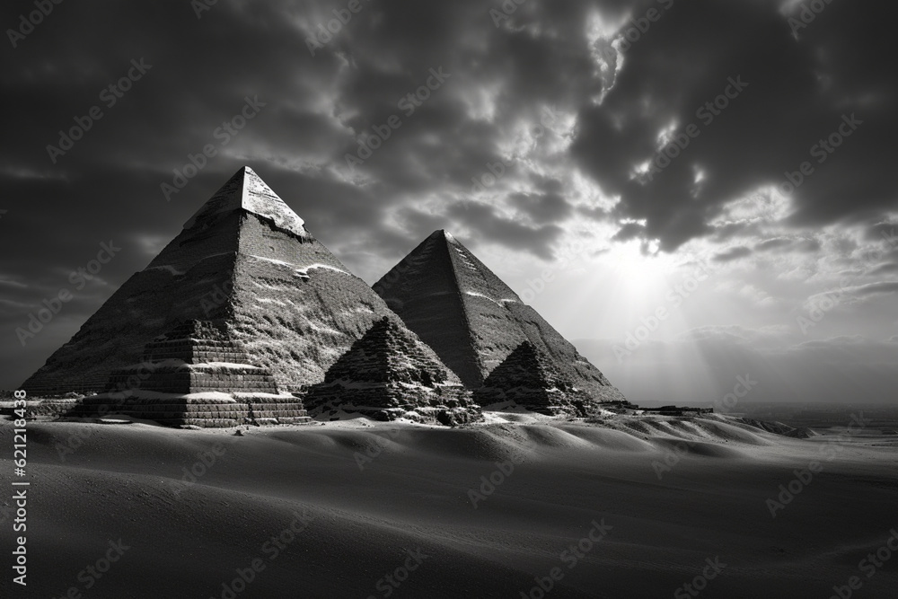 Φωτογραφία A black and white photograph of the Pyramids, taken from an unconventional angle that highlights their geometric shapes and symmetry