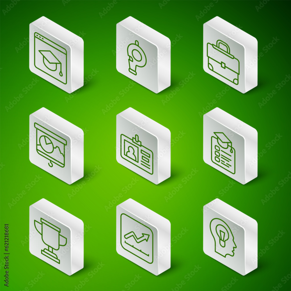 Set line Human with lamp bulb, Financial growth increase, Online education, Identification badge, Chalkboard chart, Whistle, Award cup and icon. Vector Set line Human with lamp bulb, Financial growth increase, Online education, Identification badge, Chalkboard chart, Whistle, Award cup and icon. Vector