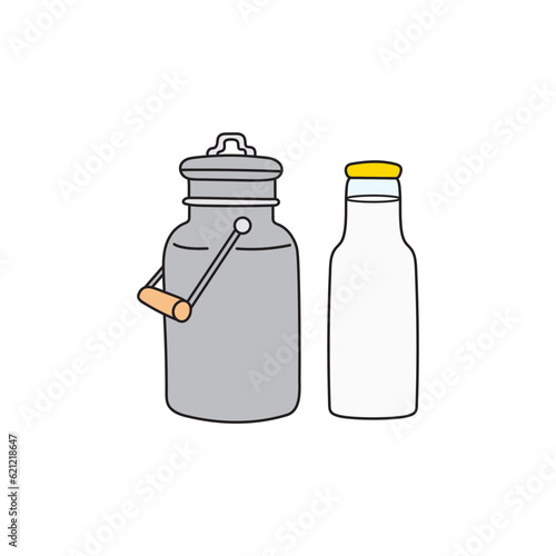 Kids drawing Cartoon Vector illustration cute  milk can and bottle icon Isolated on White Background