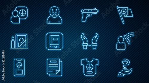 Set line Caduceus snake medical, Police beat human, Pistol or gun, Law book, Mourning photo frame, Peace talks, Handcuffs on hands of criminal and Censor freedom speech icon. Vector
