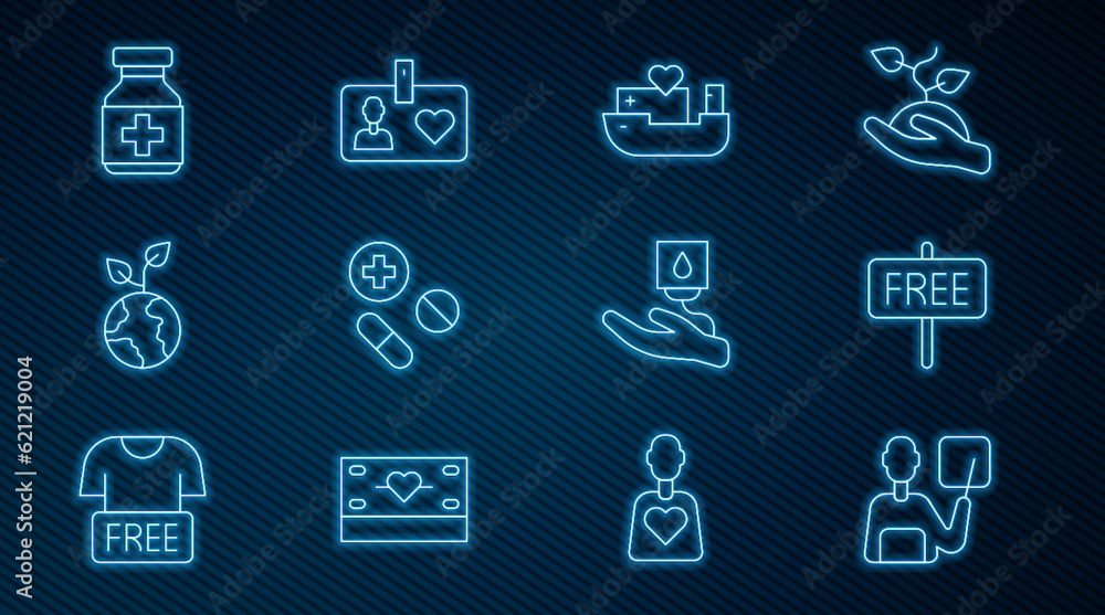 Set line Teacher, Free sign, Humanitarian ship, Medicine pill or tablet, Volunteer team planting trees, bottle and pills, Blood donation and id card badge icon. Vector Set line Teacher, Free sign, Humanitarian ship, Medicine pill or tablet, Volunteer team planting trees, bottle and pills, Blood donation and id card badge icon. Vector
