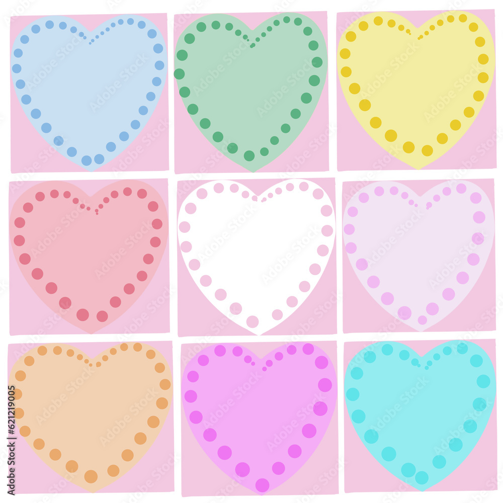 Hand drawn sweet pretty pastel hearts in various sizes and colors with white background.
