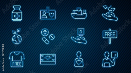 Set line Teacher, Free sign, Humanitarian ship, Medicine pill or tablet, Volunteer team planting trees, bottle and pills, Blood donation and id card badge icon. Vector © Vadim