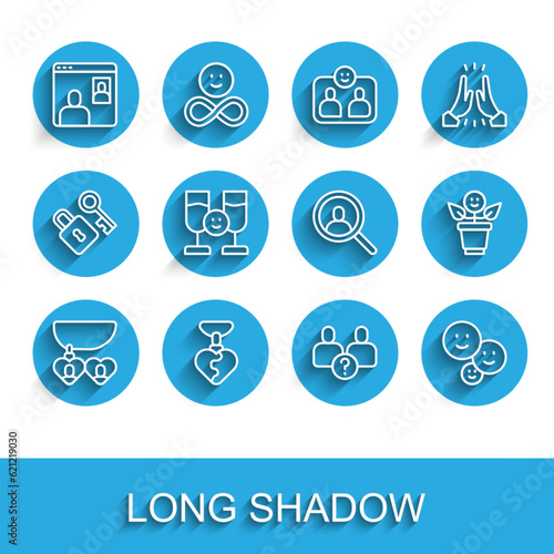 Set line Necklace with heart shaped, Video chat conference, Complicated relationship, Happy friendship day, Friends drinking alcohol, BFF or best forever and Magnifying glass search icon. Vector