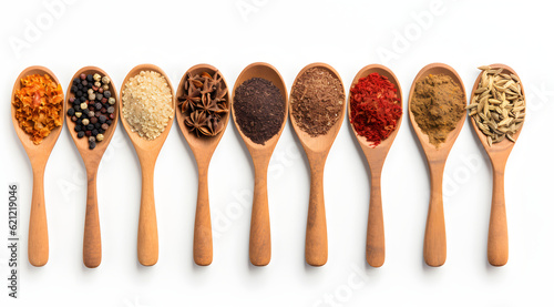 Wooden Spoon filled with various spices isolated on white
