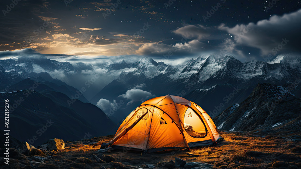 photorealism of Orange tent. Lying on a high mountain. In the night. Milky Way stars fill the sky. Banner with copy space. wide angle lens ambient light,ai generater.