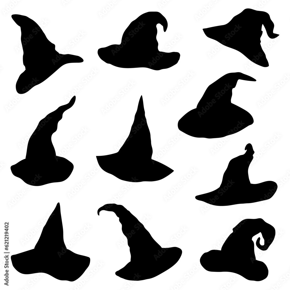 Set of Halloween witch black hat isolated stickers. Set of Halloween witch black hat isolated stickers.