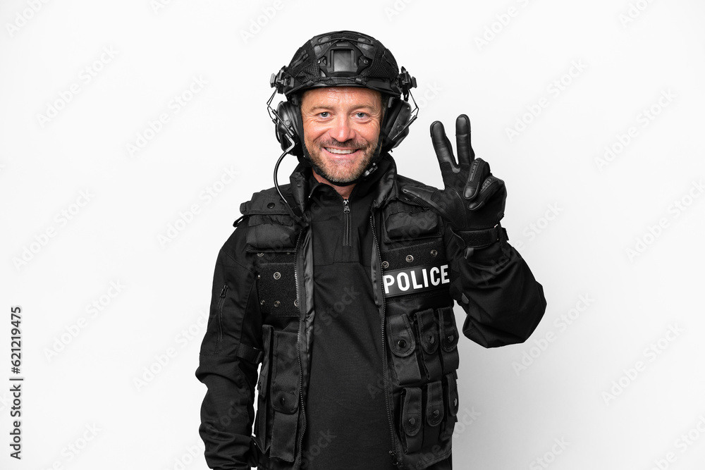 Middle age SWAT man isolated on white background happy and counting three with fingers Middle age SWAT man isolated on white background happy and counting three with fingers