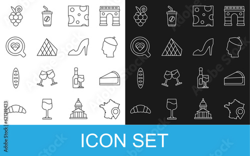 Set line Map of France, Cherry cheesecake slice, French man, Cheese, Louvre glass pyramid, Coffee cup, Grape fruit and Woman shoe icon. Vector