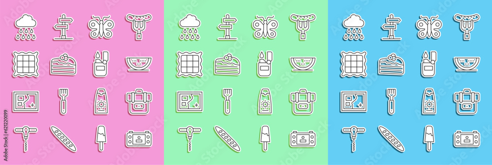 Set line Portable video game console, Hiking backpack, Watermelon, Butterfly, Piece of cake, Checkered napkin, Cloud with rain and Lighter icon. Vector Set line Portable video game console, Hiking backpack, Watermelon, Butterfly, Piece of cake, Checkered napkin, Cloud with rain and Lighter icon. Vector