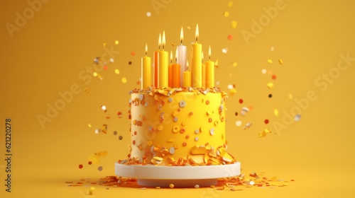 Generative AI. Happy birthday party concept, minimalistic background. Sweet cake with yellow cream and icing with candles. Gender party.