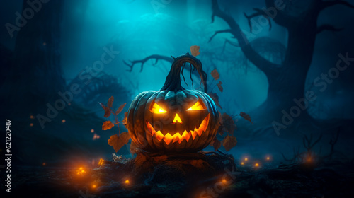 Halloween pumpkin in a misty woodland. Pumpkin carving with Jack-o-Lantern face on blurry background of smoky forest in blue. Generative Ai.