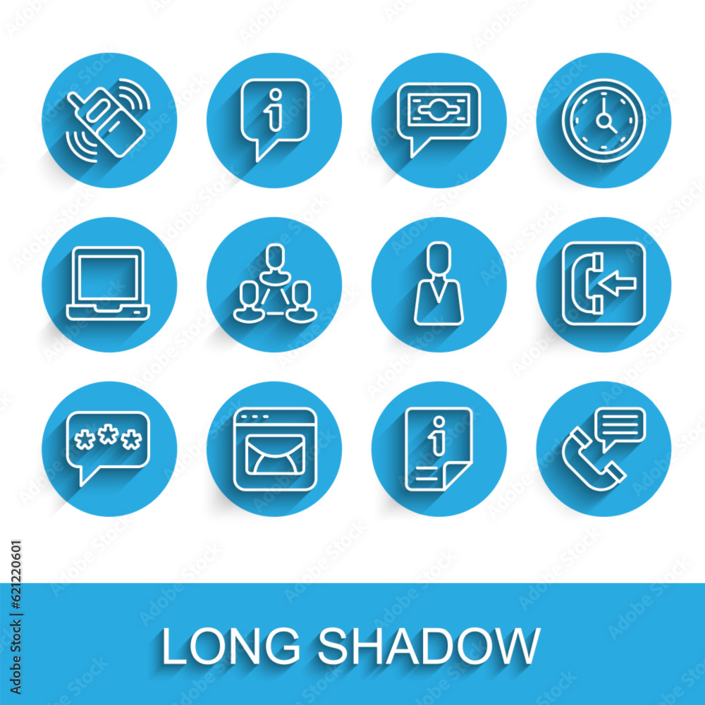 Set line Speech bubble chat, Mail and e-mail, Mobile phone, Information, Telephone conversation, Employee hierarchy, Incoming call and icon. Vector Set line Speech bubble chat, Mail and e-mail, Mobile phone, Information, Telephone conversation, Employee hierarchy, Incoming call and icon. Vector