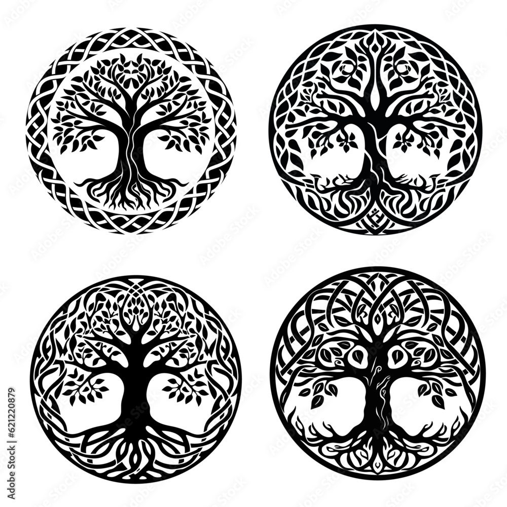 4 tree of life in three versions. tree natural symbol, vintage 4 tree of life in three versions. tree natural symbol, vintage
