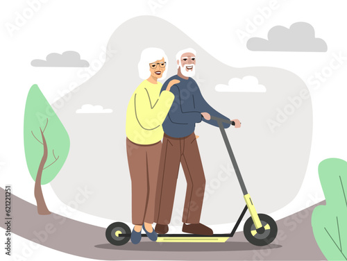 Elderly people man and woman riding on scooter together. Outdoor activity for retired people, healthy lifestyle. Cartoon vector illustration isolated on white background. Vector illustration