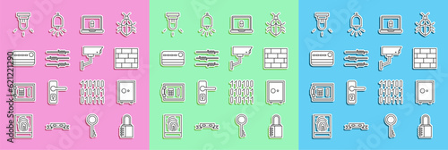 Set line Safe combination lock, Bricks, Laptop and, Barbed wire, Credit card, Motion sensor and Security camera icon. Vector