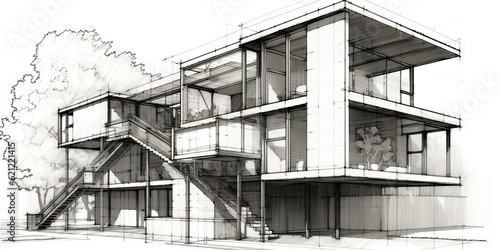 Detailed pencil sketch of modern suburban house. Abstract imaginary building concept. Generative AI © AngrySun