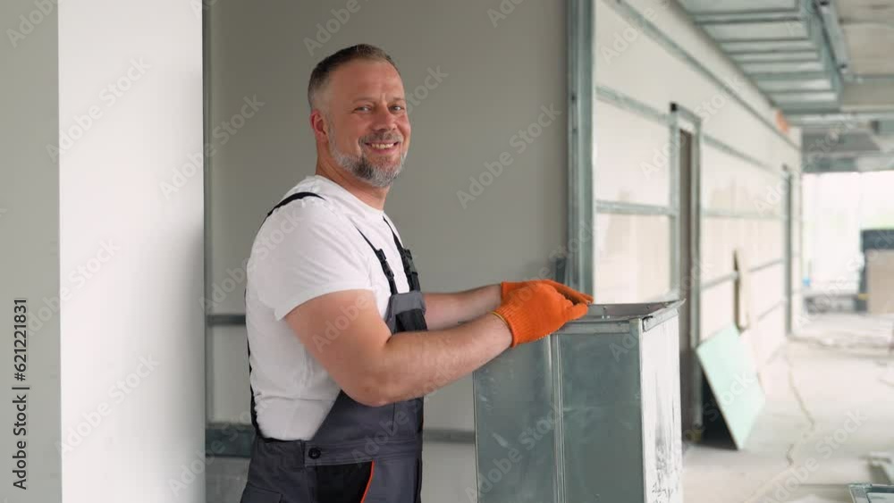 Worker holding ventilation pipe for installing in the commercial building ventilation system. Purity of the air concept Worker holding ventilation pipe for installing in the commercial building ventilation system. Purity of the air concept