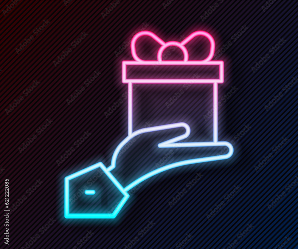 Glowing neon line Give gift icon isolated on black background. Gift in hand. The concept of giving and receiving a gift. Vector Glowing neon line Give gift icon isolated on black background. Gift in hand. The concept of giving and receiving a gift. Vector