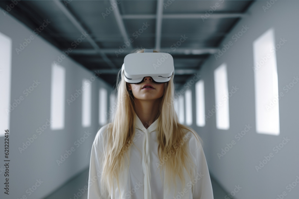 Boundless Exploration: Woman's Glimpse into the Future with VR Goggles - Engaging White Aesthetics - Generative AI Boundless Exploration: Woman's Glimpse into the Future with VR Goggles - Engaging White Aesthetics - Generative AI