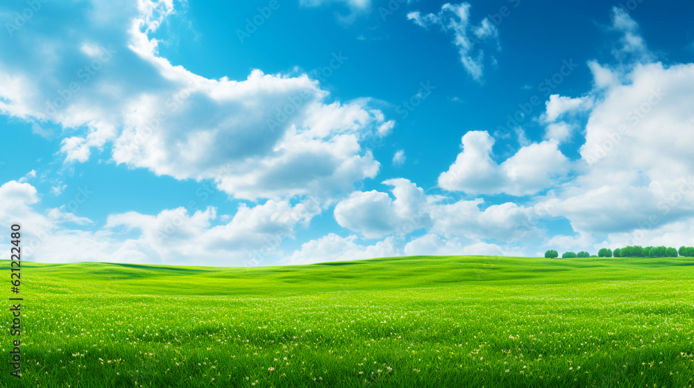 Banner, green grass field and blue sky with clouds. Organic background. Copy space. Generative AI