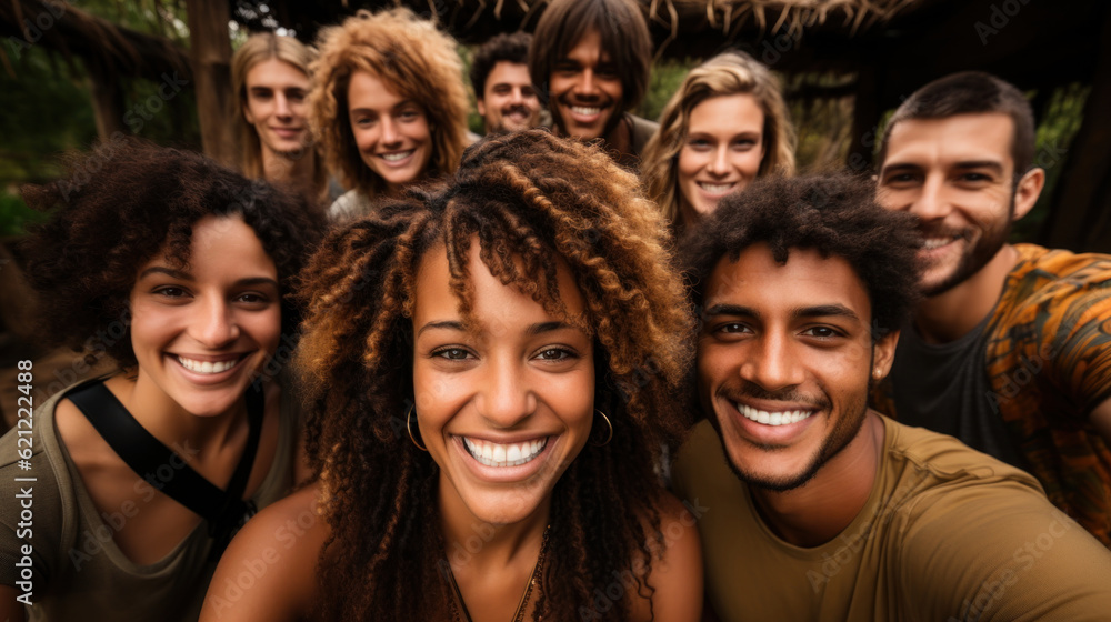 Obraz premium Portrait of group of friends smiling and looking at camera in forest camp. Generative AI.