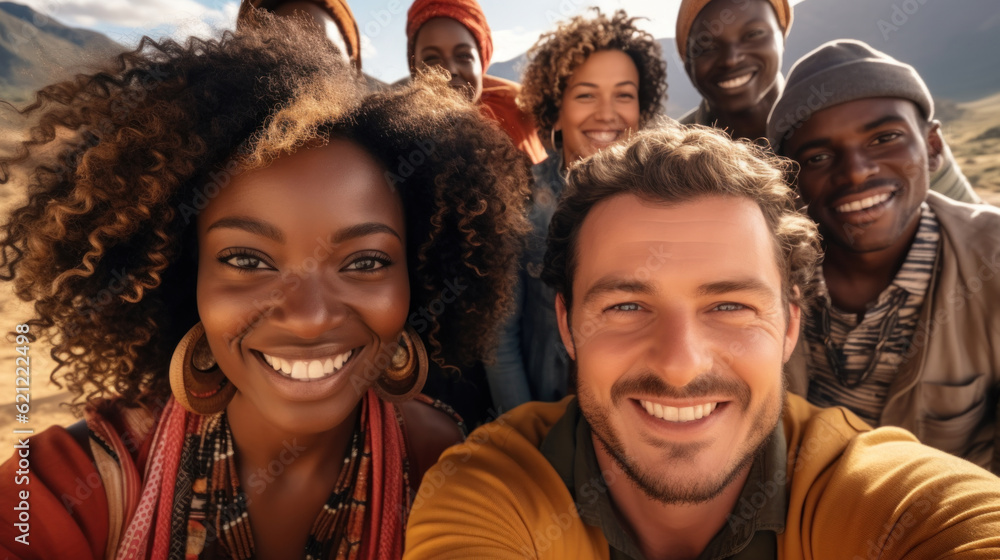 Multiethnic group of friends taking a selfie in the mountains. Generative AI. Multiethnic group of friends taking a selfie in the mountains. Generative AI.