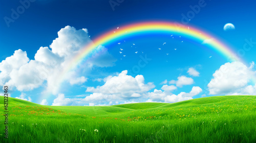 Banner, green grass field and blue sky with rainbow. Organic background. Copy space. Generative AI