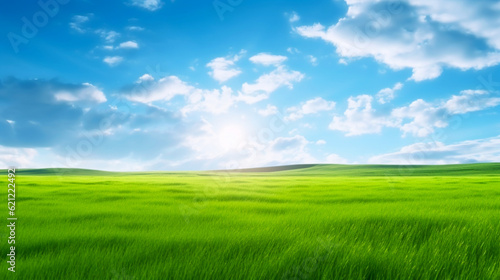 Banner  green grass field and blue sky with clouds. Organic background. Copy space. Generative AI