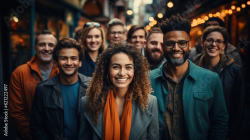 Group of friends walking in the city. Group of multiethnic stylish people. Generative AI.