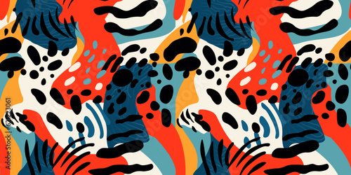 Abstract artistic seamless pattern with trendy hand drawn textures, spots, brush strokes. Colorful animalistic texture for for wrapping paper, fabric print, wallpaper. Contemporary art. 