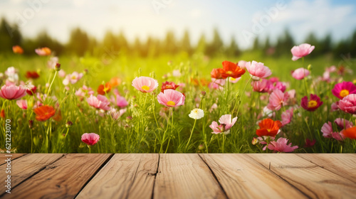 Banner with wood floor on meadow field background. Podium or stage for product presentation. Copy space. Colorful flowers with sunlight. Generative AI