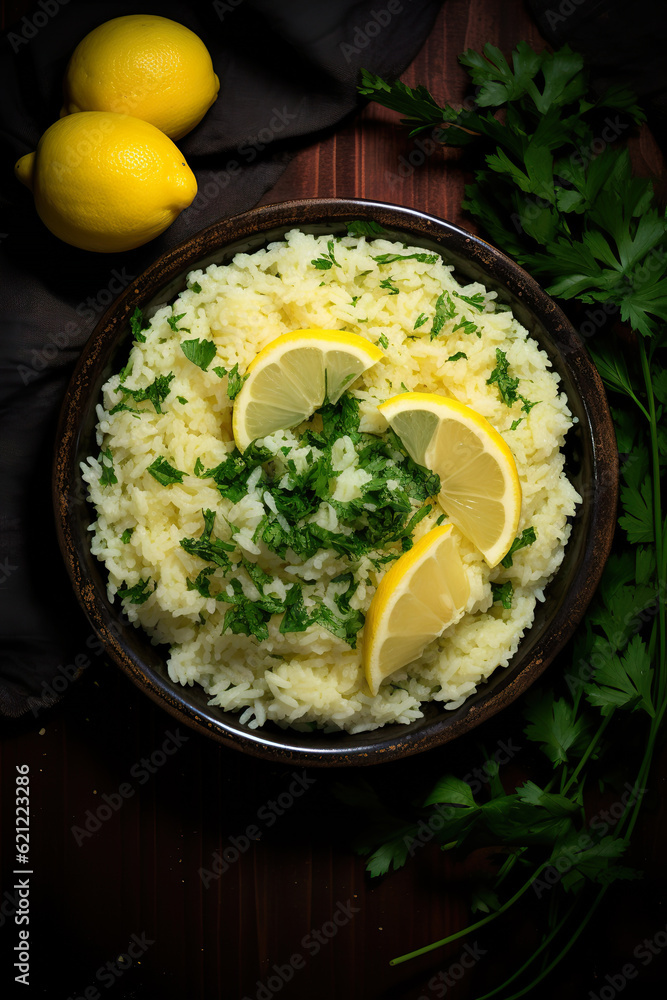 A bowl of homemade lemon rice with parsley on top