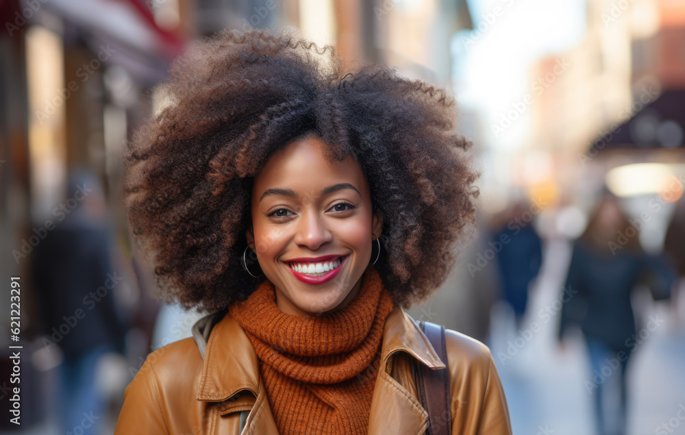 Close up of an African American woman smiling with a city scene background. Generative AI Close up of an African American woman smiling with a city scene background. Generative AI