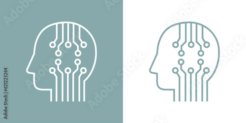 Icono inteligencia artificial. Logo silueta de cabeza humana lineal de perfil con conexiones de red