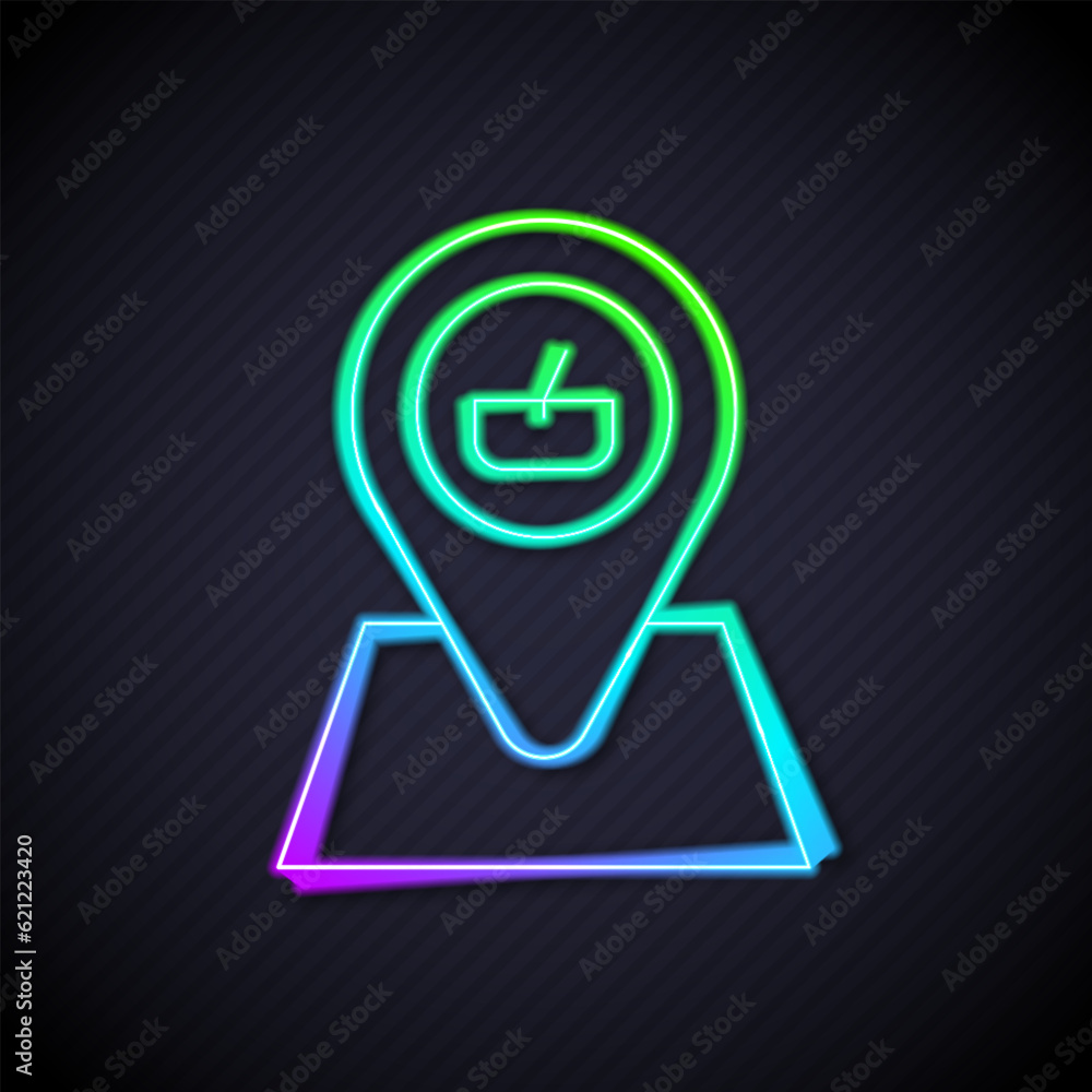 Glowing neon line Picnic location icon isolated on black background. Vector Glowing neon line Picnic location icon isolated on black background. Vector