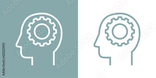 Icono inteligencia artificial. Logo silueta de cabeza humana lineal de perfil con engranaje en lugar del cerebro