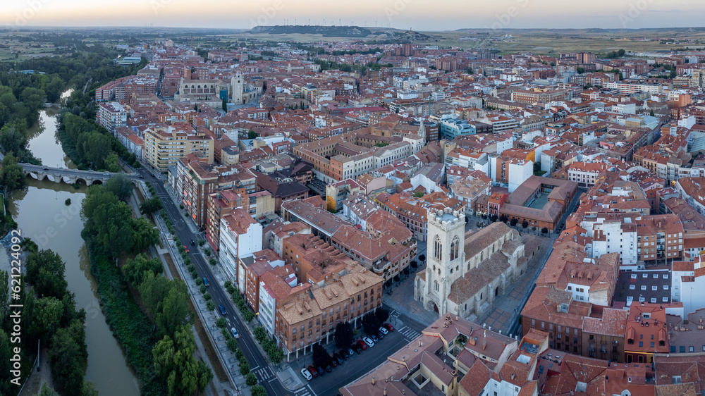 Sunset Splendor: Aerial Panorama of Palencia at Dusk, Spain