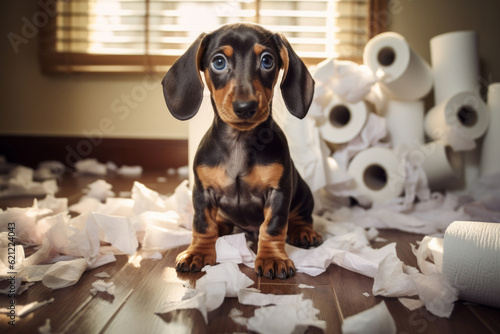 Generative AI Portrait of a dog making chaos and disorder in the apartment. The concept problem of growing up a puppy and boredom during loneliness at home. Dachshund destroyed the toilet paper.