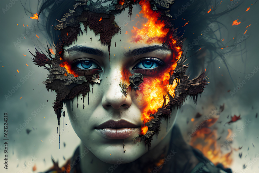 Fototapeta premium Portrait with a flame on the face of a woman. Fire on the woman's head. Portrait of a woman after the explosion. generative AI