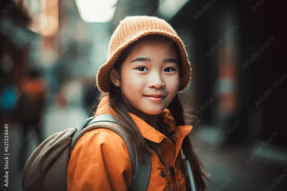 Asian girl is ready to go to school with backpack. learning concept. generative AI Asian girl is ready to go to school with backpack. learning concept. generative AI