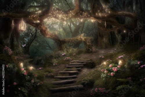 magical forest path illuminated with fairy lights. Generative AI