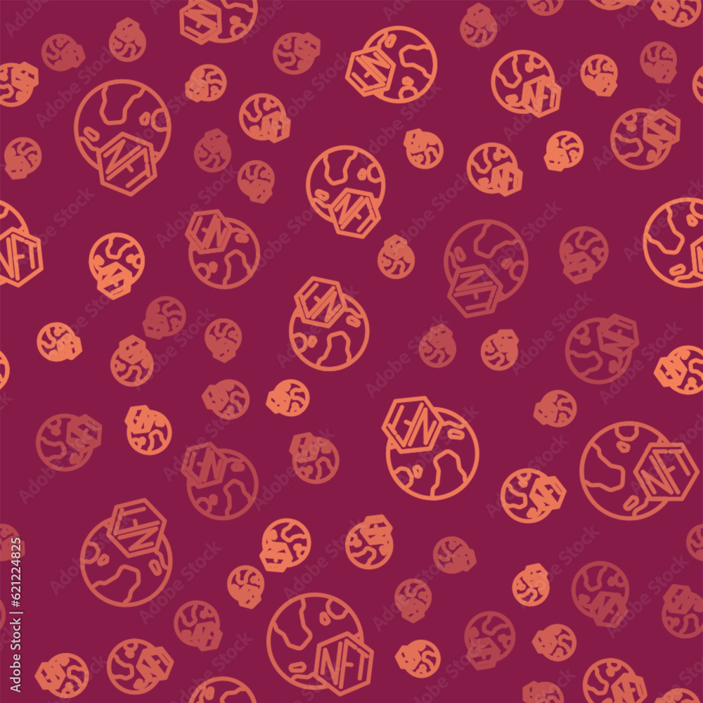 Brown line NFT Digital crypto art icon isolated seamless pattern on red background. Non fungible token. Vector