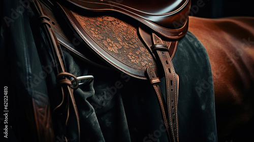 Showcasing the Classic Aesthetics of an Old Leather Saddle with Stirrups for Show Jumping, Enhancing the Look of a Majestic Sport Horse. Generative Ai